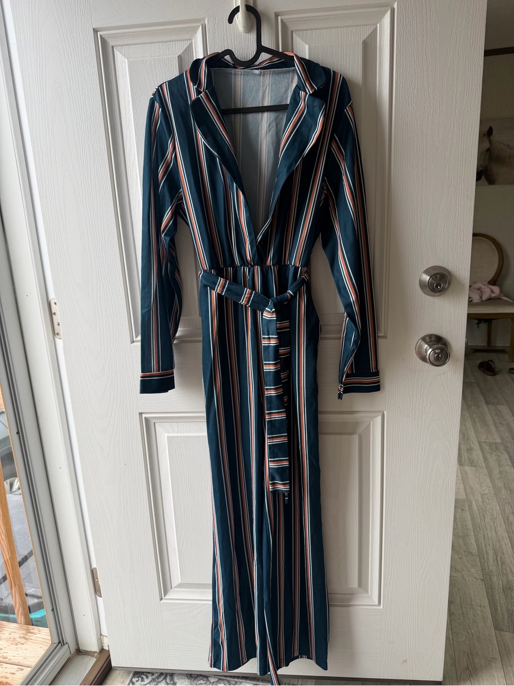 Striped Teal Long Sleeve jumpsuit with Belt